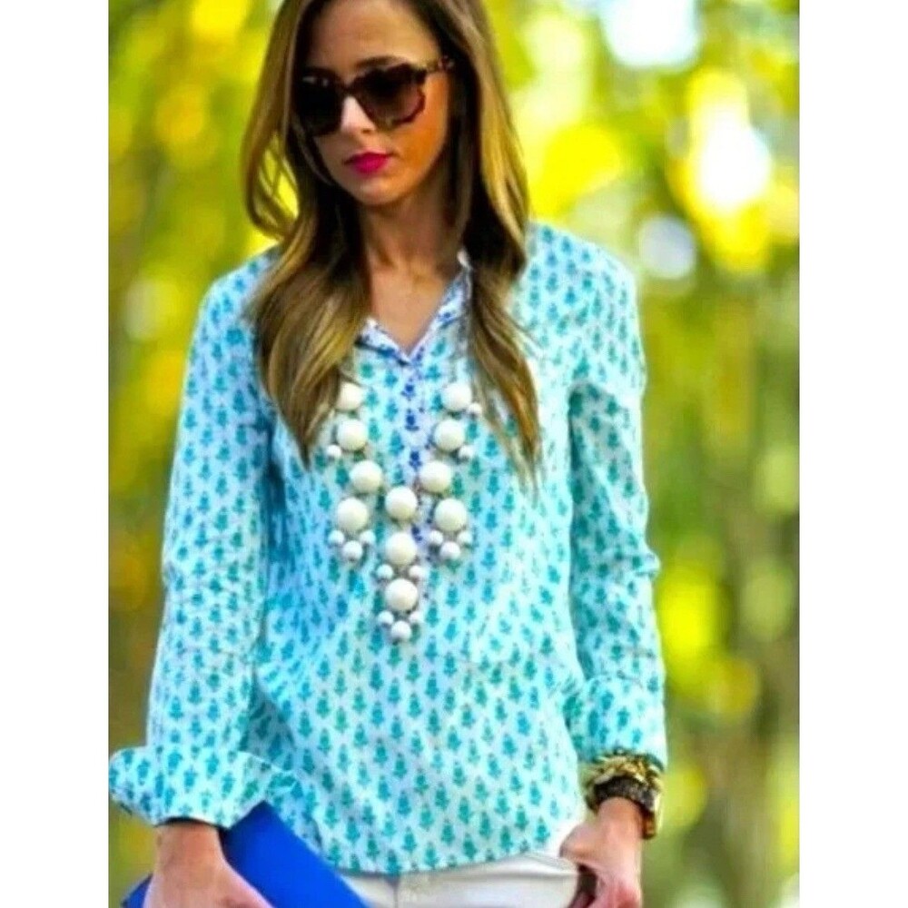 J. Crew Women's Thistle Print Popover Button Up Cotton Blue Blouse Top Sz 2P